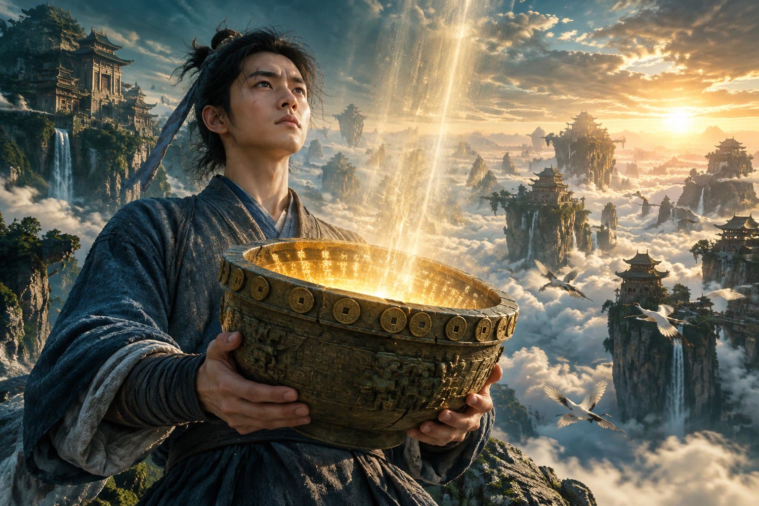 聚宝仙途主视觉：少年捧着发光的聚宝盆
